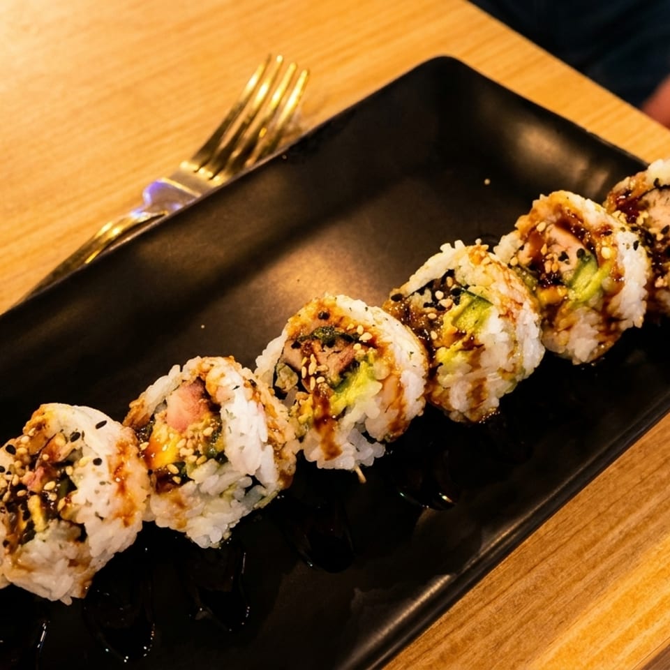 A black rectangular plate holds eight sushi rolls drizzled with sauce and sesame seeds.