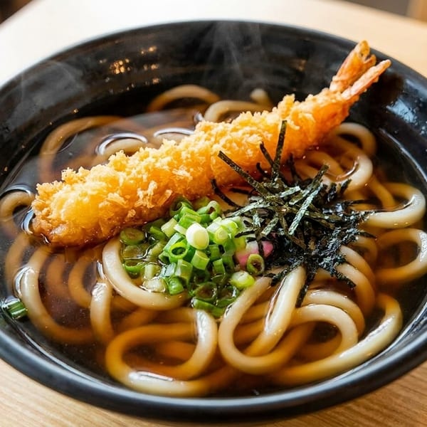 Steaming bowl of udon noodles with tempura shrimp, green onions, and nori.