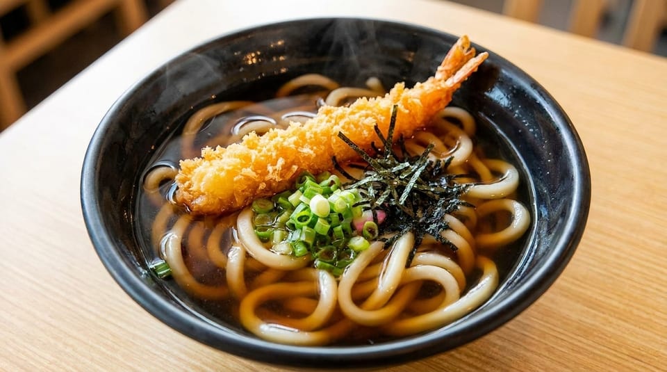 Steaming bowl of udon noodles with tempura shrimp, green onions, and nori.