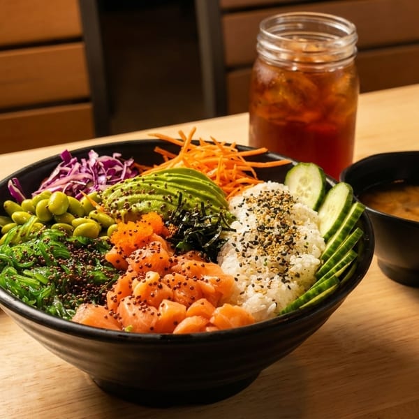 A colorful poke bowl with salmon, avocado, edamame, and seaweed, served with miso soup and iced tea.