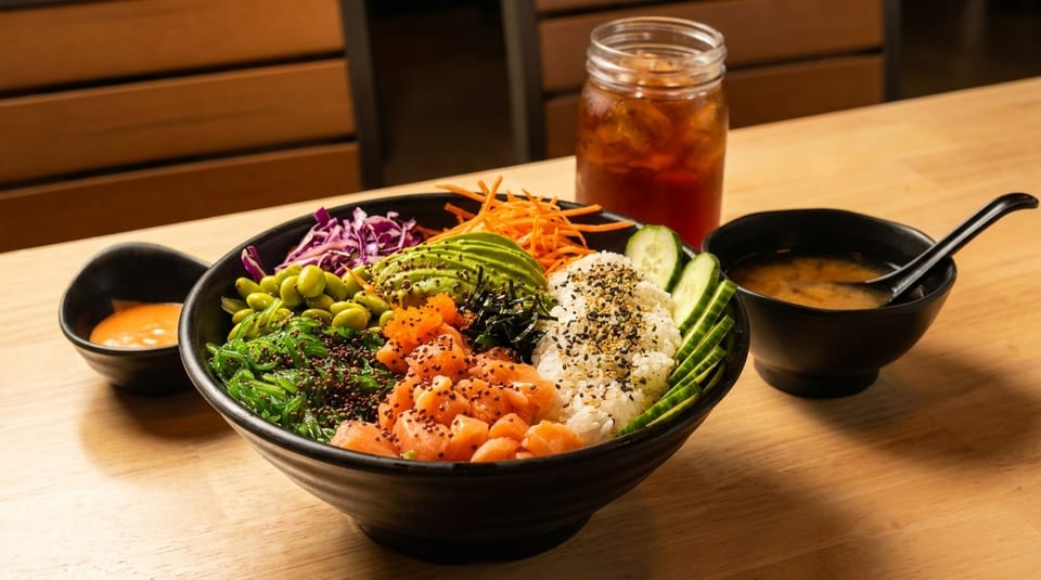A colorful poke bowl with salmon, avocado, edamame, and seaweed, served with miso soup and iced tea.