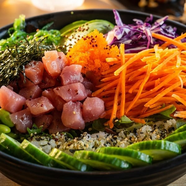 Close-up of a colorful poke bowl with tuna, edamame, carrots, seaweed, and roe.