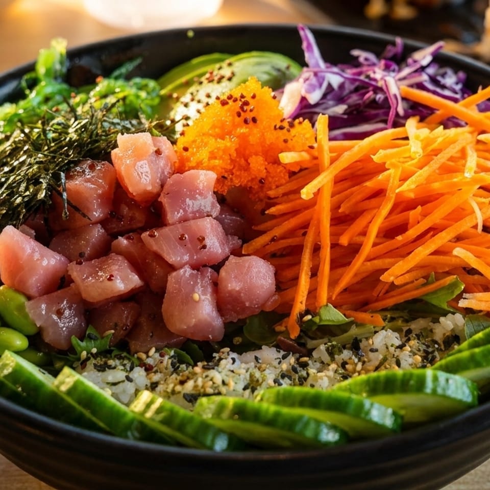 Close-up of a colorful poke bowl with tuna, edamame, carrots, seaweed, and roe.