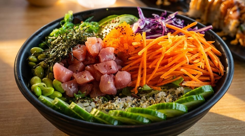 Close-up of a colorful poke bowl with tuna, edamame, carrots, seaweed, and roe.