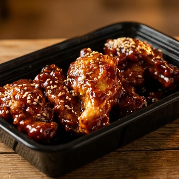 Sweet and spicy chicken wings with sesame seeds in a black takeout container on a wooden table.