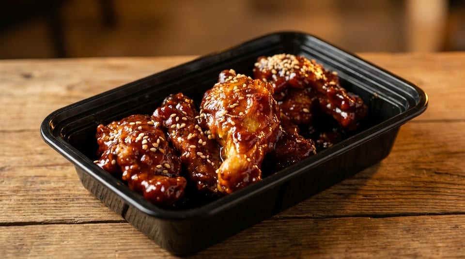Sweet and spicy chicken wings with sesame seeds in a black takeout container on a wooden table.